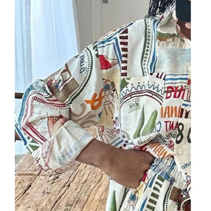 Printed Pattern Women's Shirt Set Summer Casual Geometric Long Sleeved Single Breasted Top High Waisted Loose Beach Shorts Set