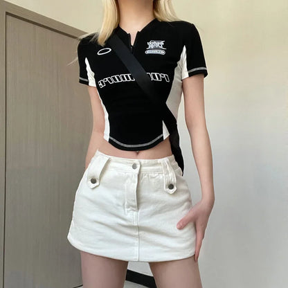 Black Short Sleeve Women's T-shirt Summer Letter Embroidery Patchwork Sexy O-Neck Crop Top Casual Fashion Zippers T Shirt Female