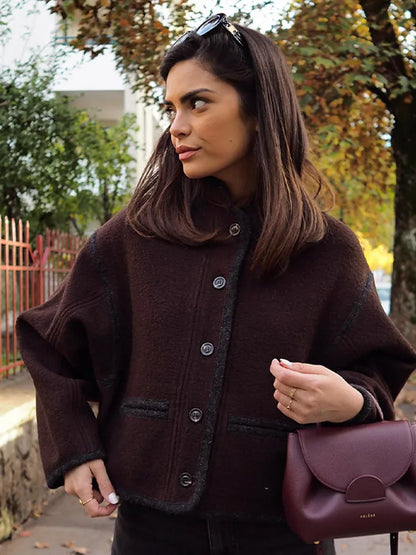 Casual Single-breasted Woolen Coat Women 2023 Autumn Winter Chic Long Sleeve Stand Collar Brown Jacket Female Fashion Streetwear