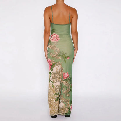 Sleeveless Print Suspender dress women Fashion Vneck slim long skirt summer fashion women's beach party club robe JY23159SK