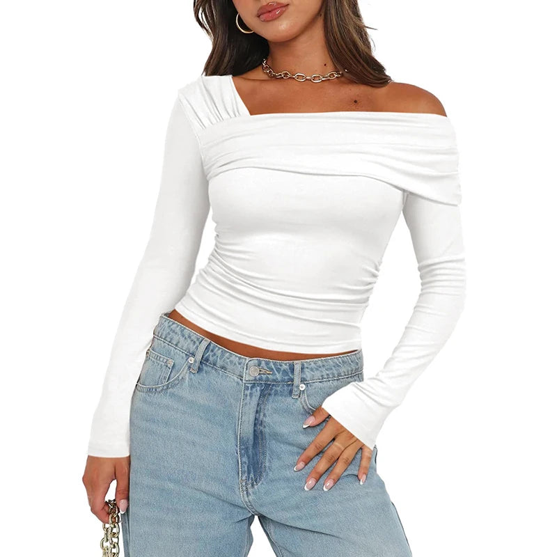 CUTENOVA Women Basic Solid Undershirt Slash Off Shoulder Full Sleeve Shirt Shrunk Soft T-Shirt Autumn Versatile Street Daily Top