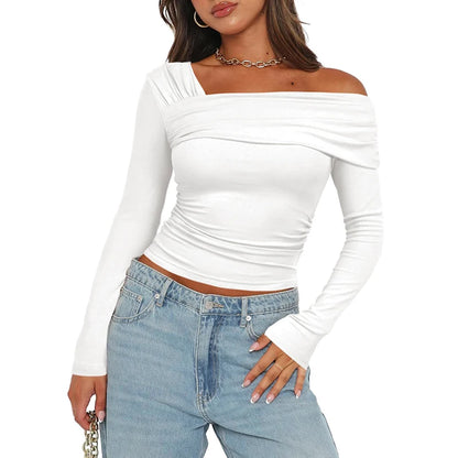 CUTENOVA Women Basic Solid Undershirt Slash Off Shoulder Full Sleeve Shirt Shrunk Soft T-Shirt Autumn Versatile Street Daily Top