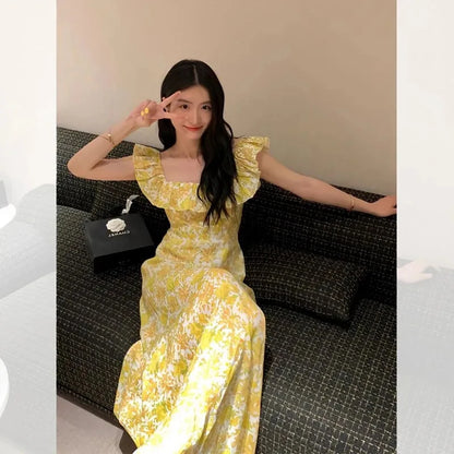 MEXZT Vintage Floral Midi Dress Women Sweet Print Square Neck A Line Dresses Korean Vacation Yellow Flying Sleeves Slim Vestidos