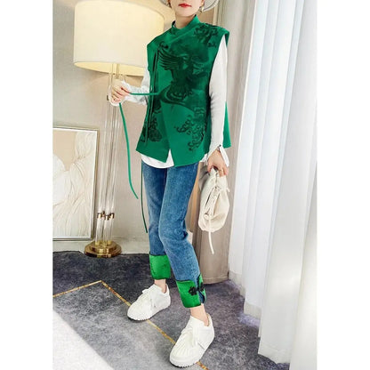 New Outerwear Retro Heavy White Stork Embroidery Green Lace Chinese Vest Jacket Female 2023 Spring And Summer Chinese Style Vest