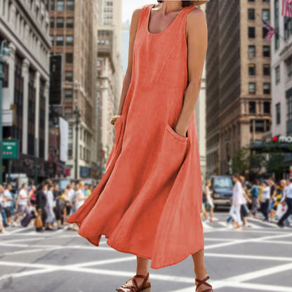 Summer Sleeveless Sundress Round Neck Pockets Loose Dresses European Fashion Casual Breathable Cotton Linen for Weekend Vacation