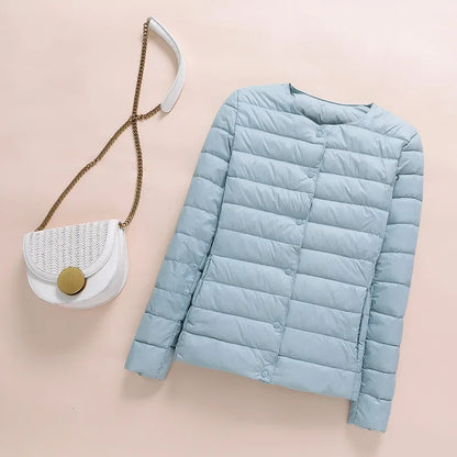 2024 New Women Down Jacket Ultralight Collarless Duck Down Korean Coat Portable Female Padded Parkas O-Neck Puffer Overcoat