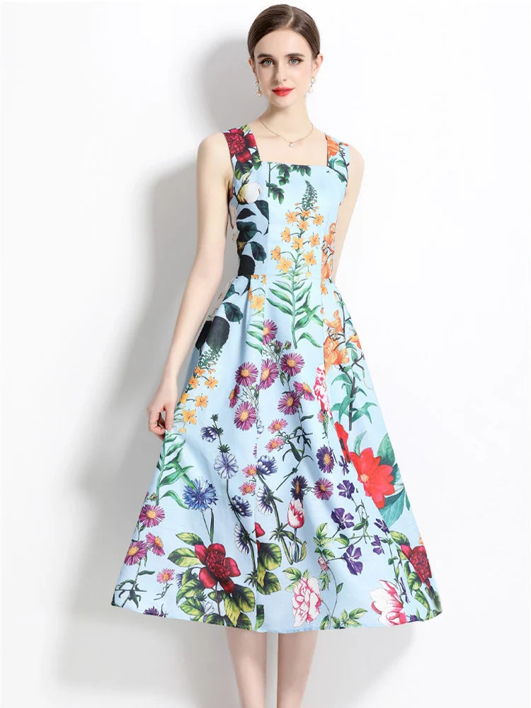 Floral Print Summer Tank Dress Women's Flower Print Spaghetti Strap Backless Lace Up Floral Leaves Beach Vacation Midi Vestidos