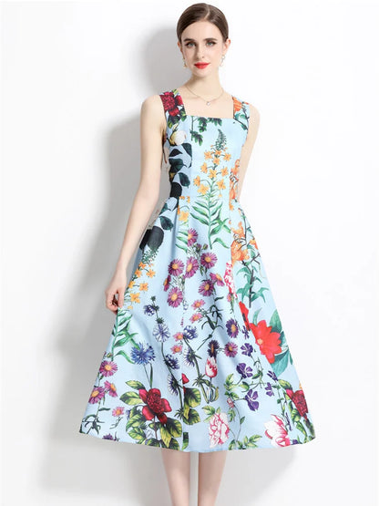 Floral Print Summer Tank Dress Women's Flower Print Spaghetti Strap Backless Lace Up Floral Leaves Beach Vacation Midi Vestidos