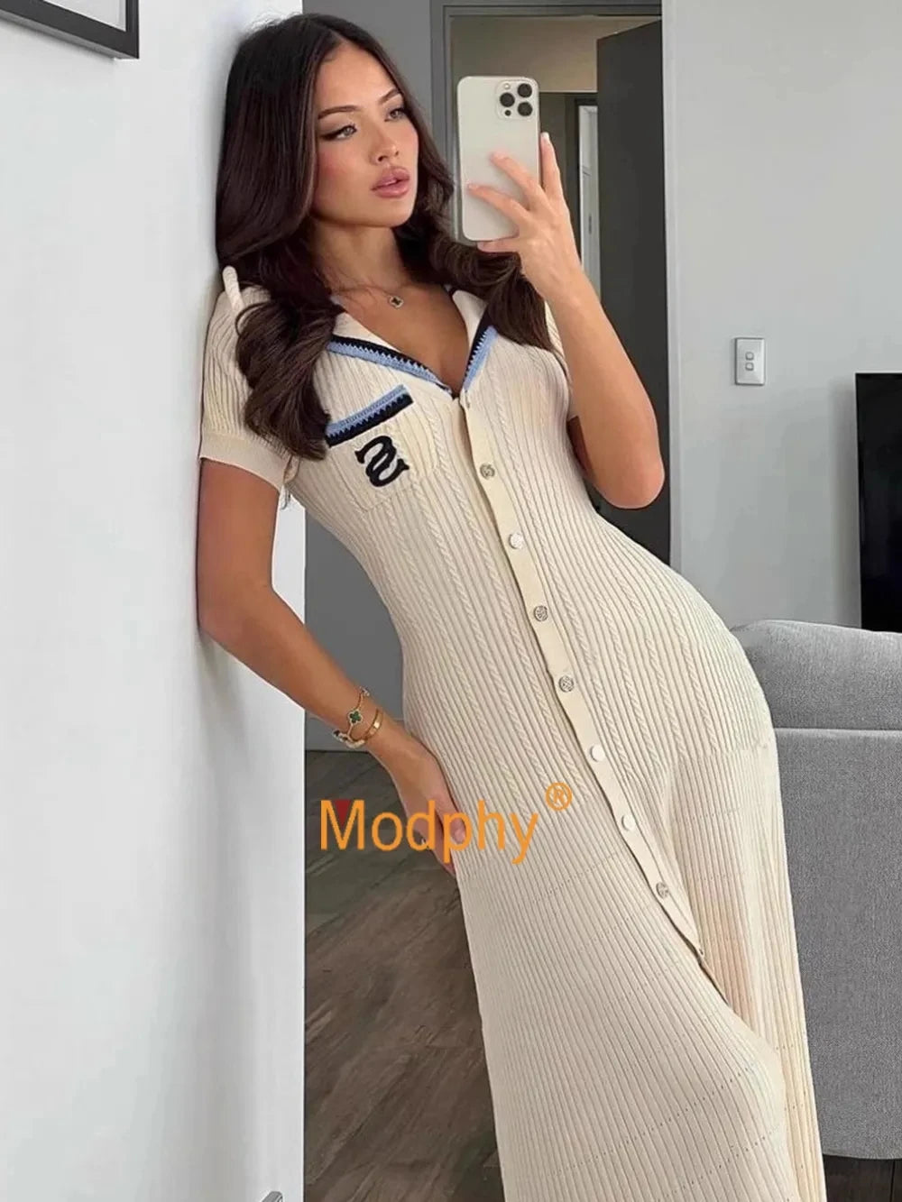 Modphy Elegant Slim Knitted Long Dress Women's Letter Single Breasted Long Sleeved Designer Vintage Dresses Autumn