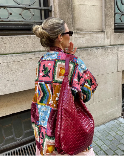 Fashion Print Quilted Jacket Women Casual Loose Long Sleeved Pocketed Zipper Coat 2024 Autumn Winter Commuting Female Overcoat
