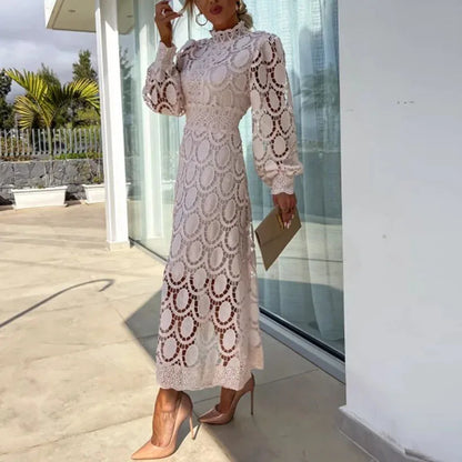 Spring New French Lace Dress For Women Elegant Stand Collar Commute Solid Color Long Sleeves Dresses Summer British Style Skirts