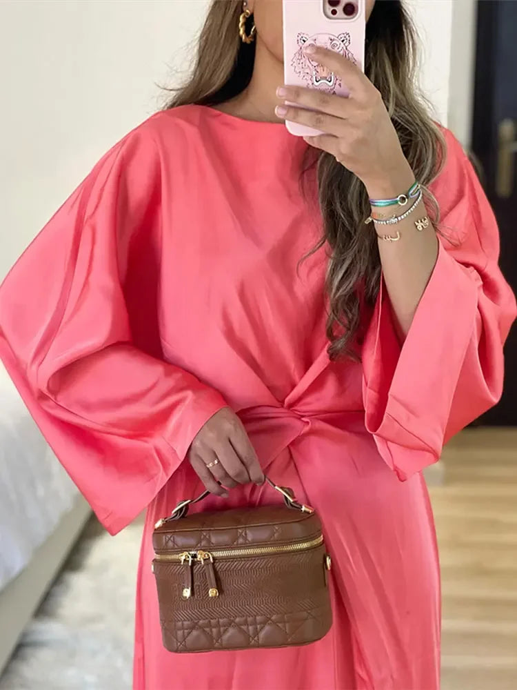Summer Tie-dye Printed Elegant V Neck Knot Maxi Dress Women  Contrasting Loose Long Sleeve Vestidos Female Vacation Party Robes