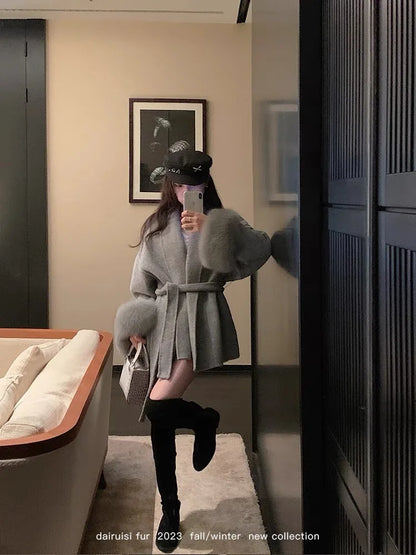 New High End Double-sided Wool Strapping Coat Women Removable Cuffs Fox Fur Temperament Double-sided Cashmere Short Jacket