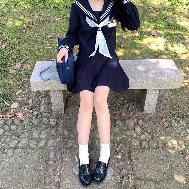 Japanese Classical Dark Blue long-sleeved sailor uniforms white collar towel High School JK uniform cosplay Cute Girl DA020