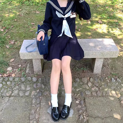 Japanese Classical Dark Blue long-sleeved sailor uniforms white collar towel High School JK uniform cosplay Cute Girl DA020