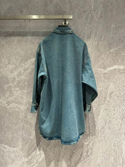 2024 Spring/Summer New American Vintage Turndown Collar Oversize Loose Long sleeved Long Shirt Washed Denim Coat woman tops
