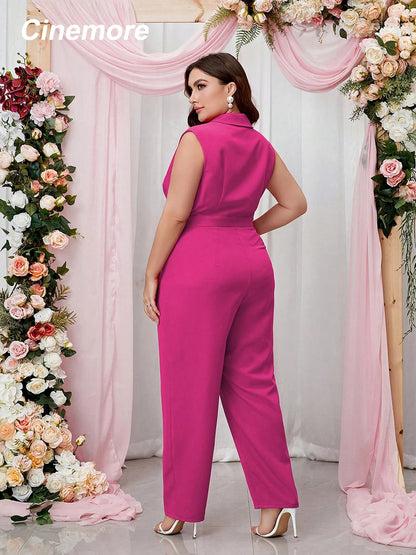 Cinemore 2023 Chic and Elegant Women Jumpsuit Plus Size Lapel V Neck Belted  High Waist Harlan Trousers Pants Office Bodysuit