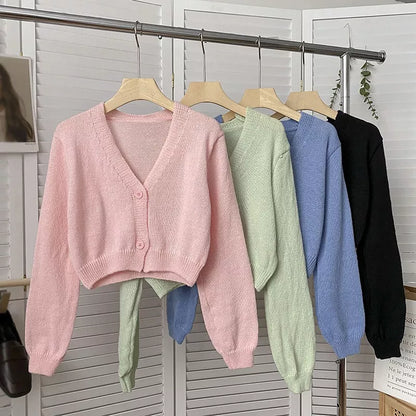 Y2k Women Cardigan Sweater Knitted Cropped Korean Short Long sleeve Crop Top V neck Fashion Clothe