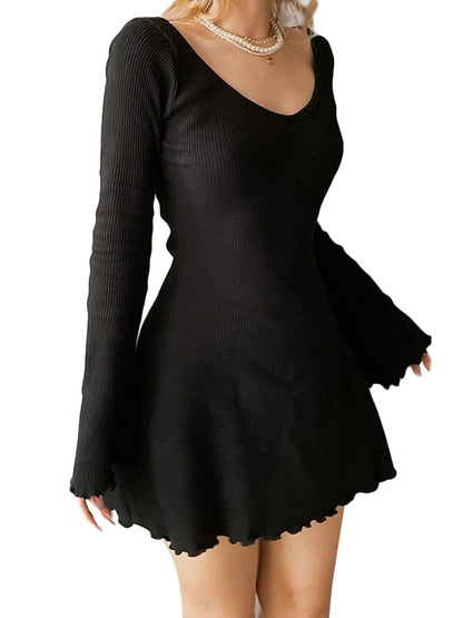 Knitted y2k Dress for Women 2024 Solid U Neck Backless Sexy Long Flared Sleeves Basic Slim Mini A-Line Dress