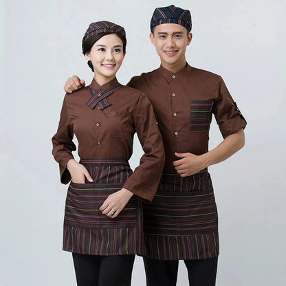 Tops+Apron+Hat Summer Women Short Sleeve Waiter Uniform Coffee Cafe Waitress Uniform Men Hotel Restaurant Shirt Overalls 89