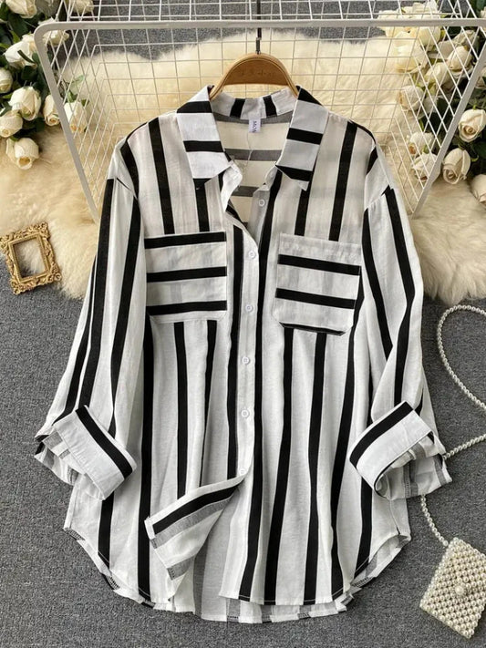 Fashion Woman Blouse Medium Length Vertical Stripe Shirt Jacket for Women's Korean Casual Loose Fitting Elegant Top