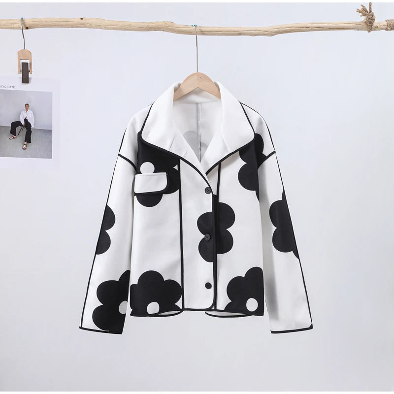 Stand Collar Women Printed Patchwork Jackets Fashion Black Flower Button-up Lady Coat Long Sleeves Autumn Outerwear 2023 New