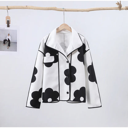Stand Collar Women Printed Patchwork Jackets Fashion Black Flower Button-up Lady Coat Long Sleeves Autumn Outerwear 2023 New