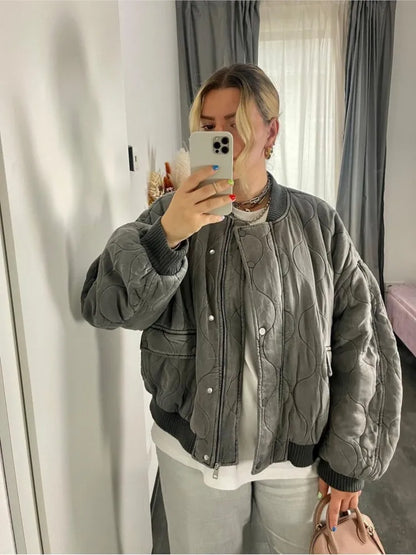 Gray Cotton Bomber Jacket Coat For Women Loose O-neck Long Sleeve Casual Outwear Autumn Winter Fashion Female Streetwear