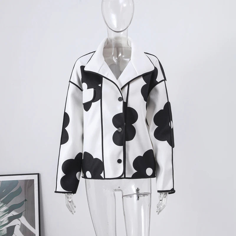 Stand Collar Women Printed Patchwork Jackets Fashion Black Flower Button-up Lady Coat Long Sleeves Autumn Outerwear 2023 New
