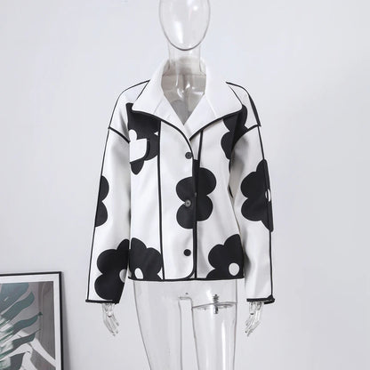 Stand Collar Women Printed Patchwork Jackets Fashion Black Flower Button-up Lady Coat Long Sleeves Autumn Outerwear 2023 New