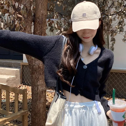 Y2k Women Cardigan Sweater Knitted Cropped Korean Short Long sleeve Crop Top V neck Fashion Clothe