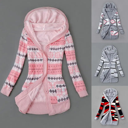 Knitted Coat Simple Simple Sweater Coat Buttons Closure Hooded Plush Lining Sweater Cardigan Outerwear