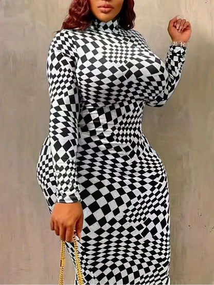 LW Plus Size Women Autumn&Winter Mock Neck Long Sleeve Skinny Geometric Pattern Elastic Ankle Length Plaid Print Bodycon Dress