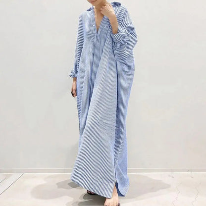 Fashion Women Lapel Neck Striped Dress Autumn Long Sleeve Buttons Maxi Long Dress Elegant Shirt Vestidos Femme Sundress