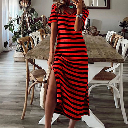 Women Oversized Long Dress Vintage Short Sleeve Striped Maxi Split Floral Dress Casual T Shirt Dress Summer Loose Beach Sundress