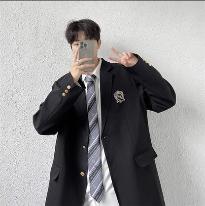 Black Casual Suit Jacket Men Loose High Street Blazer Jacket Korean Trend JK Dk School Uniform Preppy Cool Teenagers Suit Coat