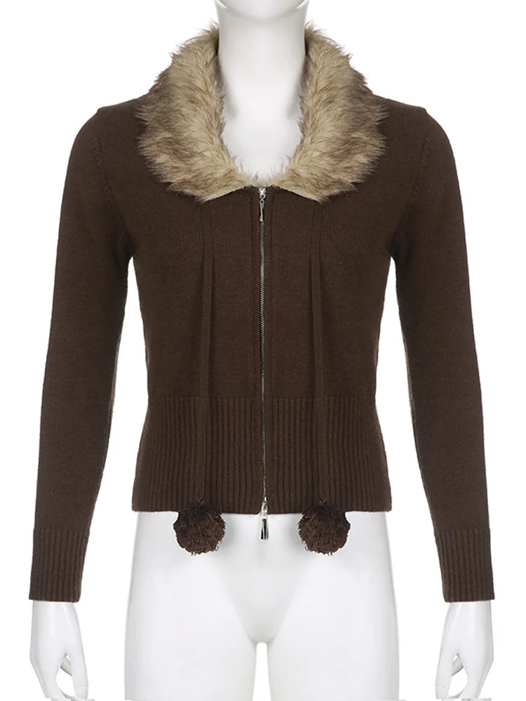 Y2K Grunge Fur Knitted Jackets Double Zipper Vintage Cropped Coat Women Harajuku Aesthetic Cute Chic Jumpers Korean Outfits New
