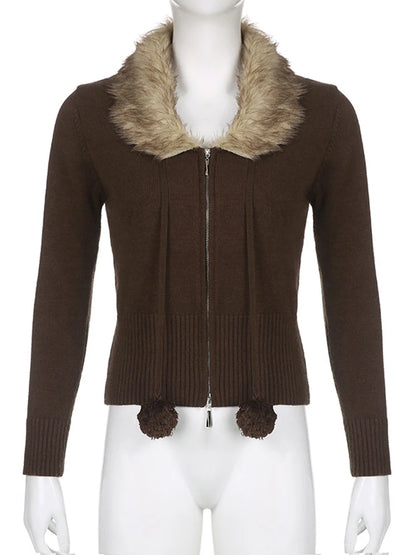 Y2K Grunge Fur Knitted Jackets Double Zipper Vintage Cropped Coat Women Harajuku Aesthetic Cute Chic Jumpers Korean Outfits New