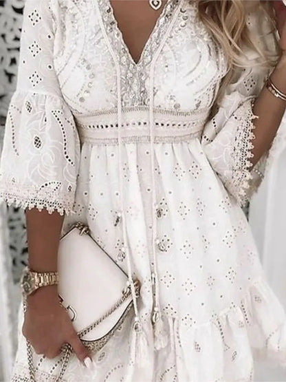 2024 Elegant Women White Hollow Lace Splicing Mini Dress Spring Summer V-neck Three Quarter Sleeve Ladies Vacation Beach Dresses