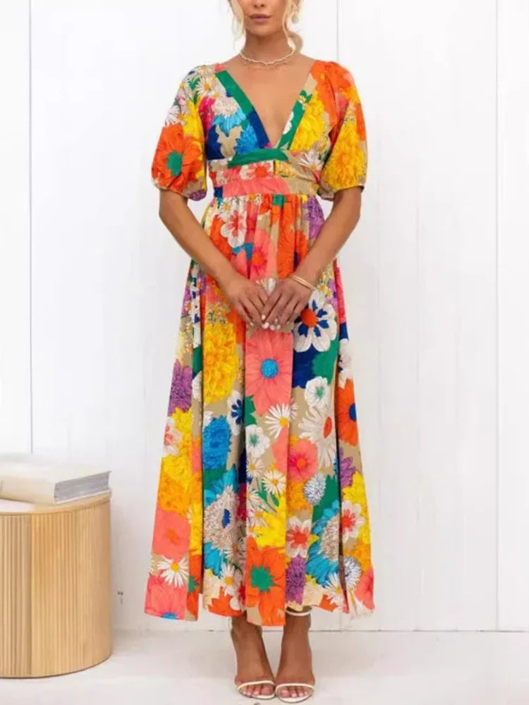 Summer Fashion New Elegant Women's Dress V-neck French Printed Bubble Sleeves Leisure Vacation Wind Flower Petal Long Dress