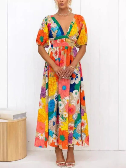 Summer Fashion New Elegant Women's Dress V-neck French Printed Bubble Sleeves Leisure Vacation Wind Flower Petal Long Dress