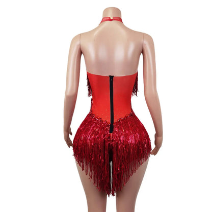 Flashing Red Sequins Fringes Rhinestones Transparent Bodysuit Woman Evening Birthday Celebrate Costume Dancer Leotard Shuye