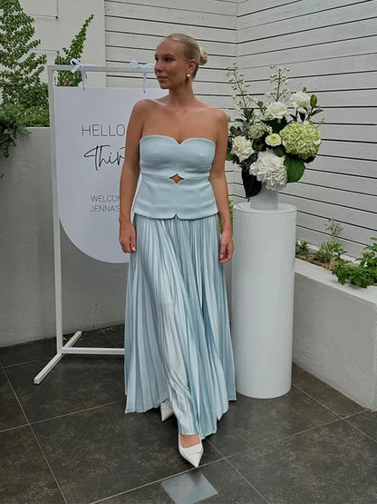 Elegant Blue Off Shoulder Pleated Dress For Women Sleeveless Backless A Line Dresses 2024 Spring New Female Vacation Party Robes