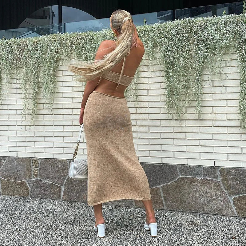 Sexy Summer Vacation Outfits Knitted Halter Maxi Dresses for Women Elegant Dress Sets Holiday Beach Sundresses JY21056PF