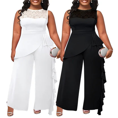 Plus Size Spring Summer Fashion Solid Jumpsuit Women Sexy Round Neck Sleeveless Wooden Ear Edge Wide Leg Pants Elegant Jumpsuit