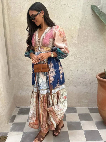 Vintage Lantern Sleeves Printed Splicing Maxi Dress Women Elegant V-neck A-line Dresses 2024 Female Beach Vacation Vestidos