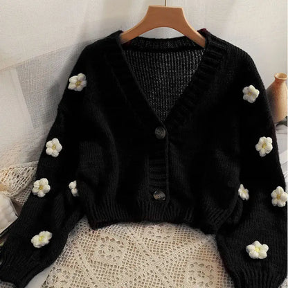 Spring Autumn Womens Embroidered Flowers Cardigan Thin Sweater