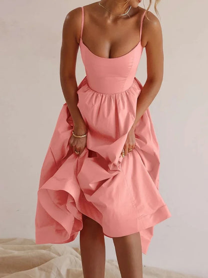 Women Dress Suspender Frock U-neck Solid Female Clothing Pleated Large Hem Dress Summer Streetwear Valentine's Day Outfits