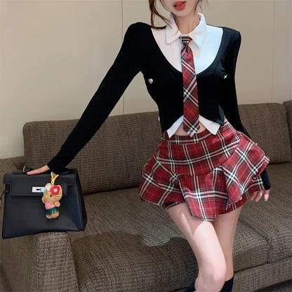 Spicy Girls Uniform Set Women Team Uniform Spring Academic Style Polo Neck Sexy Mini High Waist Plaid Culottes Skirt Red Plaid