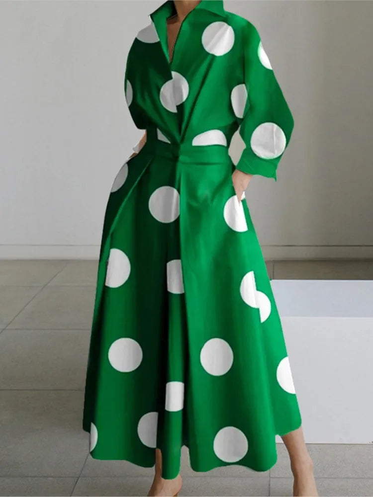 Autumn Dress Long Sleeve Dot Print Elegant Maxi Dresses For Women  White Casual V Neck Shirt Party Long Dress Robe Femme